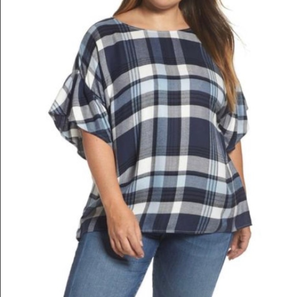 Vince Camuto Plaid Ruffle Sleeve Relaxed Fit Top